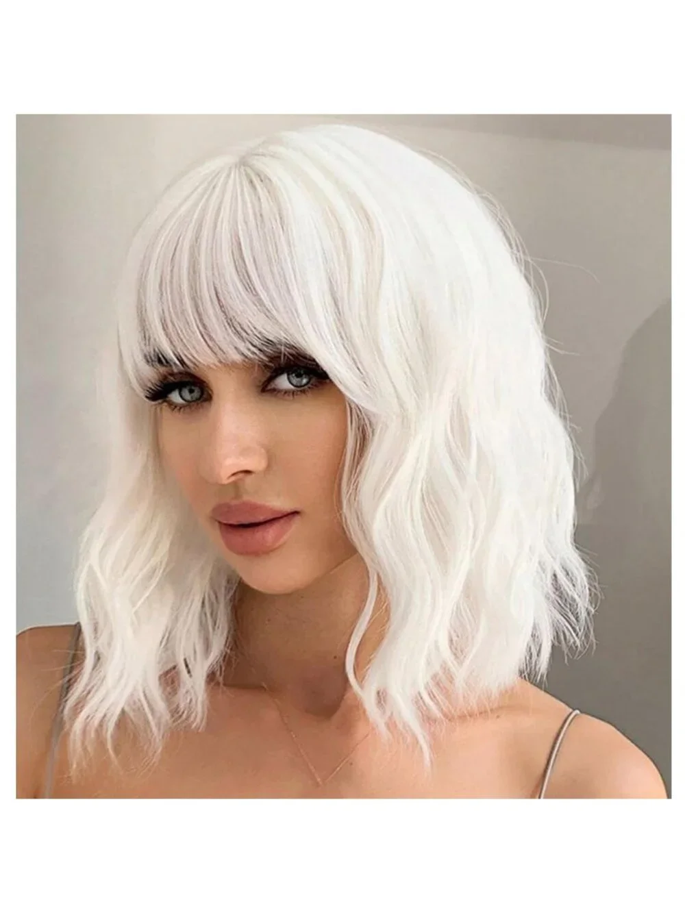 Women's White 14 Inch Heat Resistant Short Bangs Bob Modern Wavy Wigs